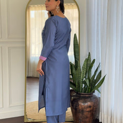 Women Steel Blue Embroidered Kurta Set with Printed Dupatta