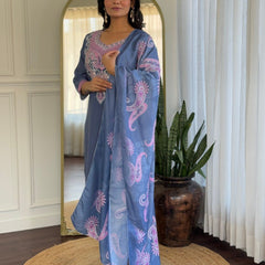Women Steel Blue Embroidered Kurta Set with Printed Dupatta
