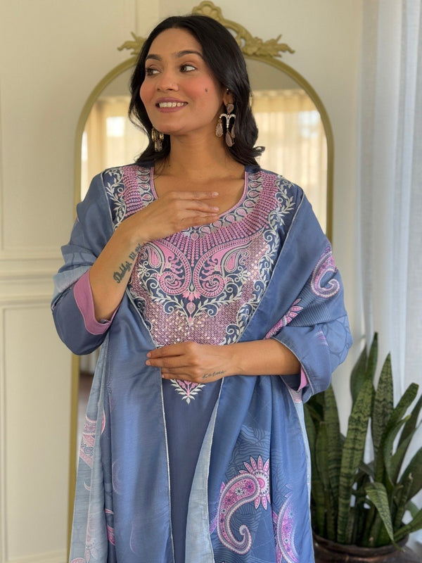 Women Steel Blue Embroidered Kurta Set with Printed Dupatta