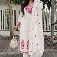 Women Off White Red Embroidered Kurta Set with Dupatta