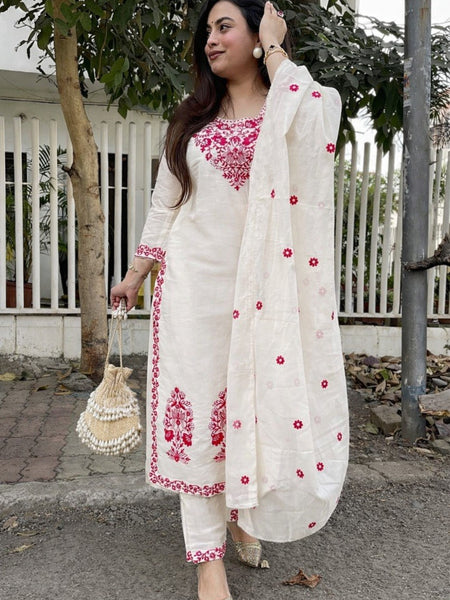 Women Off White Red Embroidered Kurta Set with Dupatta