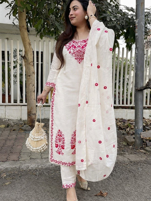 Women Off White Red Embroidered Kurta Set with Dupatta