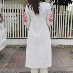 Women Off White Red Embroidered Kurta Set with Dupatta