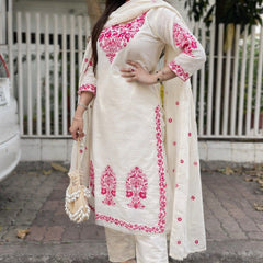 Women Off White Red Embroidered Kurta Set with Dupatta