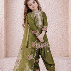 Girls Olive Green Embroidered Kurta Salwar Set with Dupatta