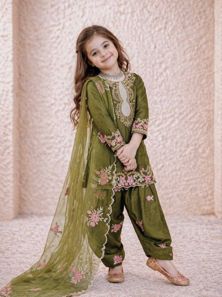 Girls Olive Green Embroidered Kurta Salwar Set with Dupatta