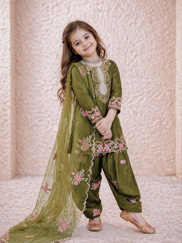 Girls Olive Green Embroidered Kurta Salwar Set with Dupatta
