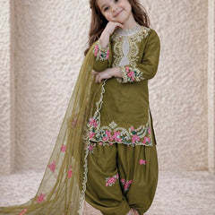 Girls Olive Green Embroidered Kurta Salwar Set with Dupatta