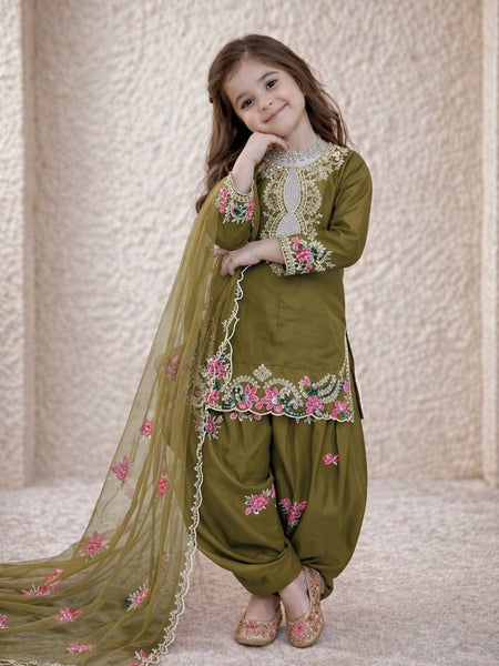 Girls Olive Green Embroidered Kurta Salwar Set with Dupatta