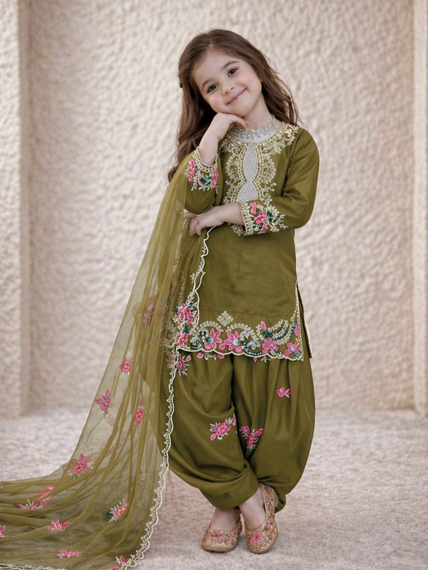Girls Olive Green Embroidered Kurta Salwar Set with Dupatta