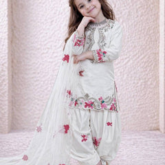 Girls Off White Embroidered Kurta Salwar Set with Dupatta