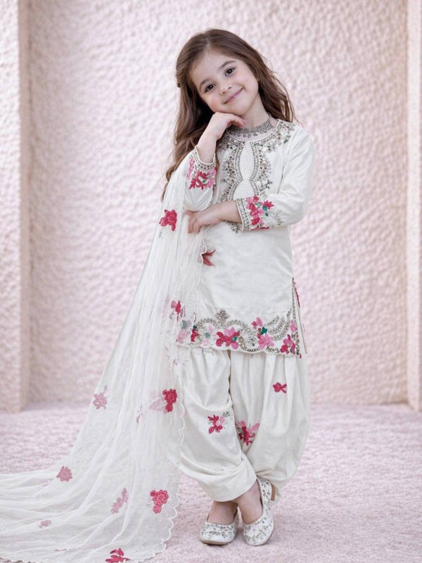 Girls Off White Embroidered Kurta Salwar Set with Dupatta