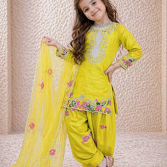 Girls Yellow Embroidered Kurta Salwar Set with Dupatta