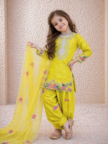 Girls Yellow Embroidered Kurta Salwar Set with Dupatta