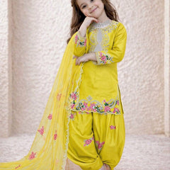 Girls Yellow Embroidered Kurta Salwar Set with Dupatta