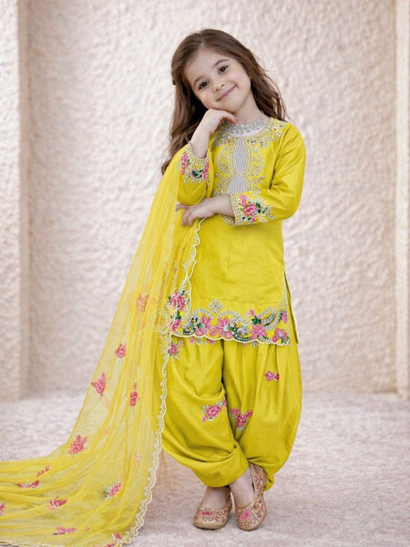 Girls Yellow Embroidered Kurta Salwar Set with Dupatta