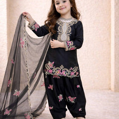 Girls Black Embroidered Kurta Salwar Set with Dupatta