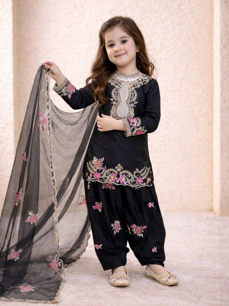 Girls Black Embroidered Kurta Salwar Set with Dupatta