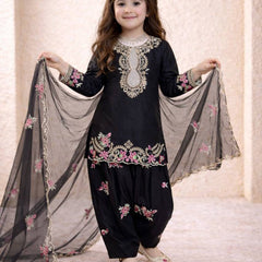 Girls Black Embroidered Kurta Salwar Set with Dupatta