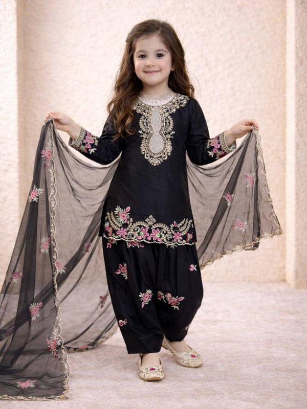 Girls Black Embroidered Kurta Salwar Set with Dupatta