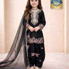 Girls Black Embroidered Kurta Salwar Set with Dupatta