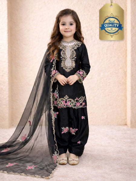 Girls Black Embroidered Kurta Salwar Set with Dupatta