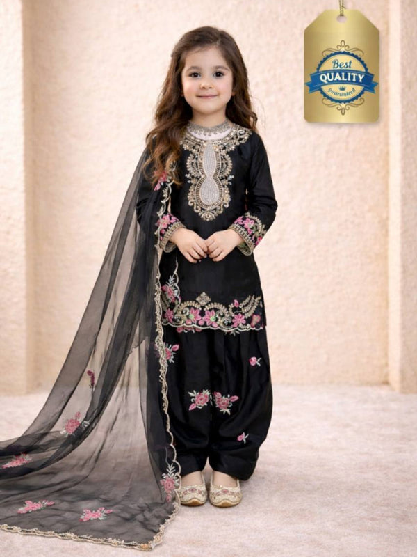 Girls Black Embroidered Kurta Salwar Set with Dupatta