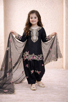 Girls Black Embroidered Kurta Salwar Set with Dupatta