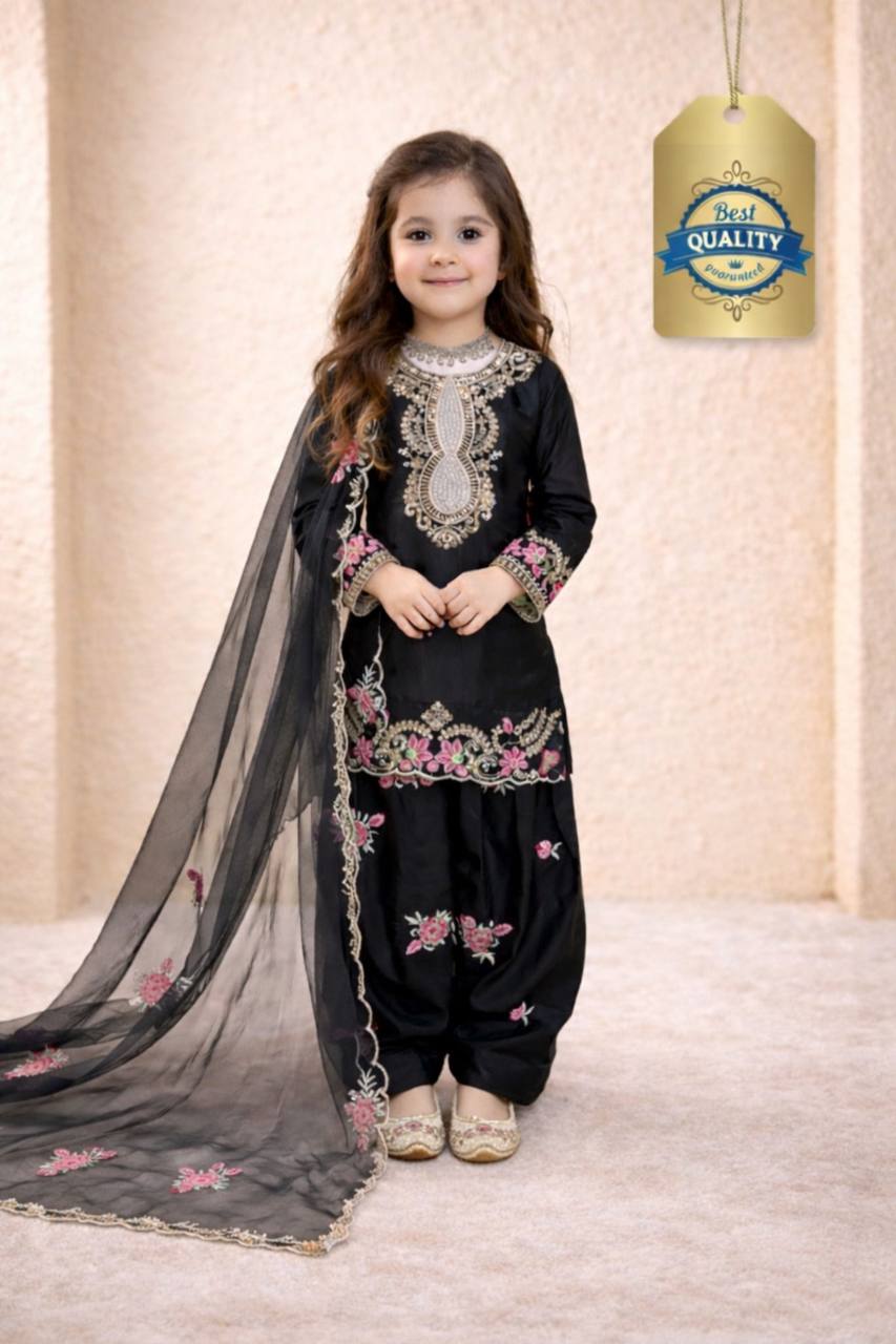 Girls Black Embroidered Kurta Salwar Set with Dupatta
