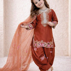 Girls Rust Orange Embroidered Kurta Salwar Set with Dupatta