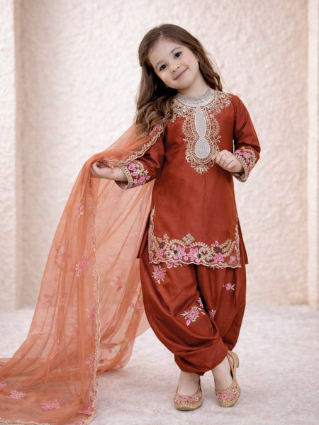Girls Rust Orange Embroidered Kurta Salwar Set with Dupatta