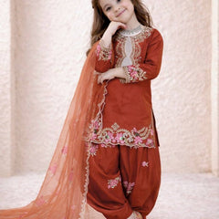 Girls Rust Orange Embroidered Kurta Salwar Set with Dupatta