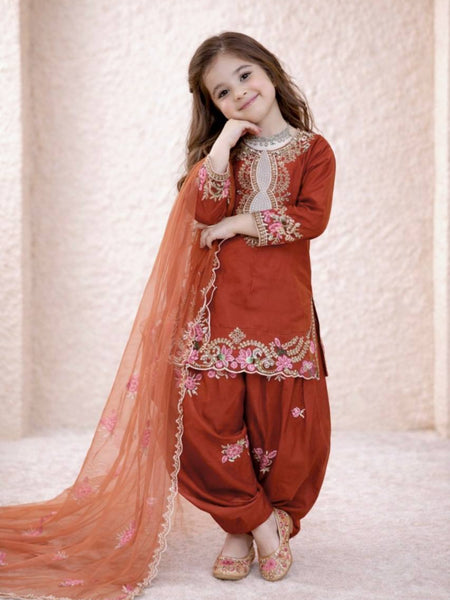 Girls Rust Orange Embroidered Kurta Salwar Set with Dupatta
