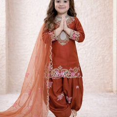 Girls Rust Orange Embroidered Kurta Salwar Set with Dupatta