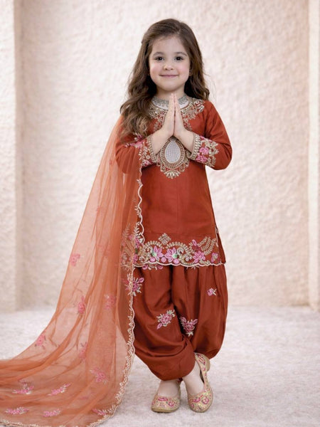 Girls Rust Orange Embroidered Kurta Salwar Set with Dupatta
