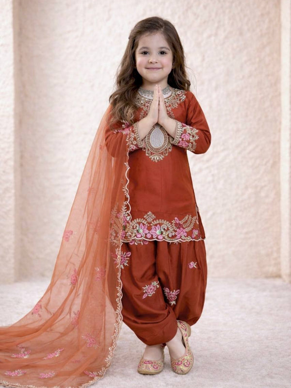 Girls Rust Orange Embroidered Kurta Salwar Set with Dupatta