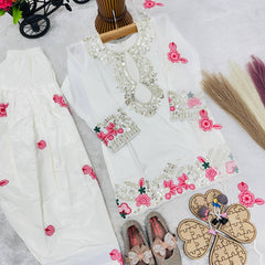 Girls Off White Embroidered Kurta Salwar Set with Dupatta