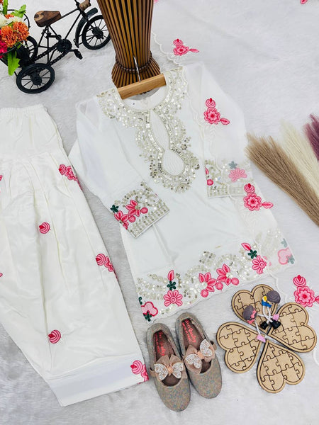 Girls Off White Embroidered Kurta Salwar Set with Dupatta
