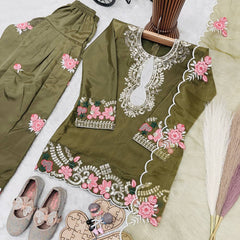 Girls Olive Green Embroidered Kurta Salwar Set with Dupatta