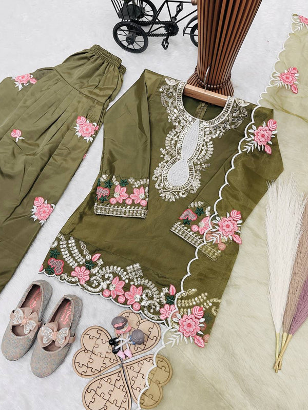 Girls Olive Green Embroidered Kurta Salwar Set with Dupatta