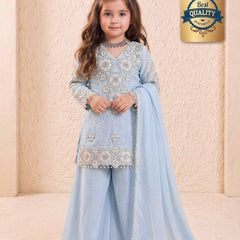 Girls Powder Blue Embroidered Kurta Palazzo Set with Dupatta