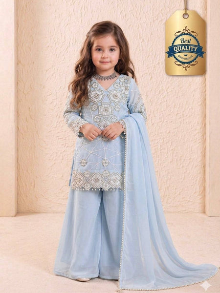 Girls Powder Blue Embroidered Kurta Palazzo Set with Dupatta