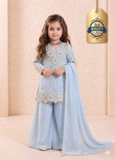 Girls Powder Blue Embroidered Kurta Palazzo Set with Dupatta