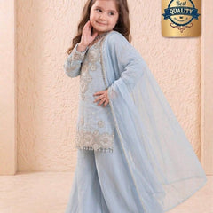 Girls Powder Blue Embroidered Kurta Palazzo Set with Dupatta