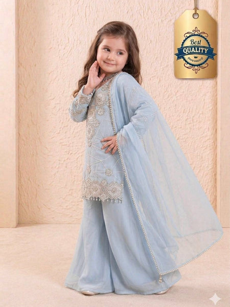 Girls Powder Blue Embroidered Kurta Palazzo Set with Dupatta