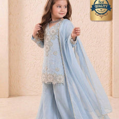 Girls Powder Blue Embroidered Kurta Palazzo Set with Dupatta