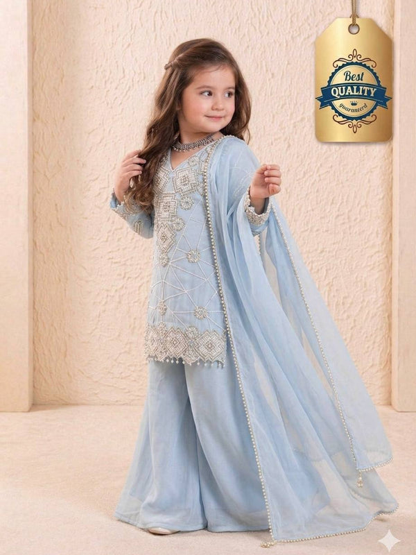 Girls Powder Blue Embroidered Kurta Palazzo Set with Dupatta