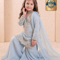 Girls Powder Blue Embroidered Kurta Palazzo Set with Dupatta