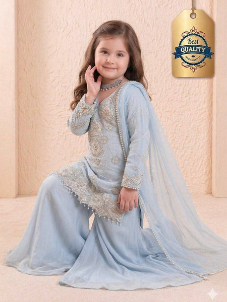 Girls Powder Blue Embroidered Kurta Palazzo Set with Dupatta