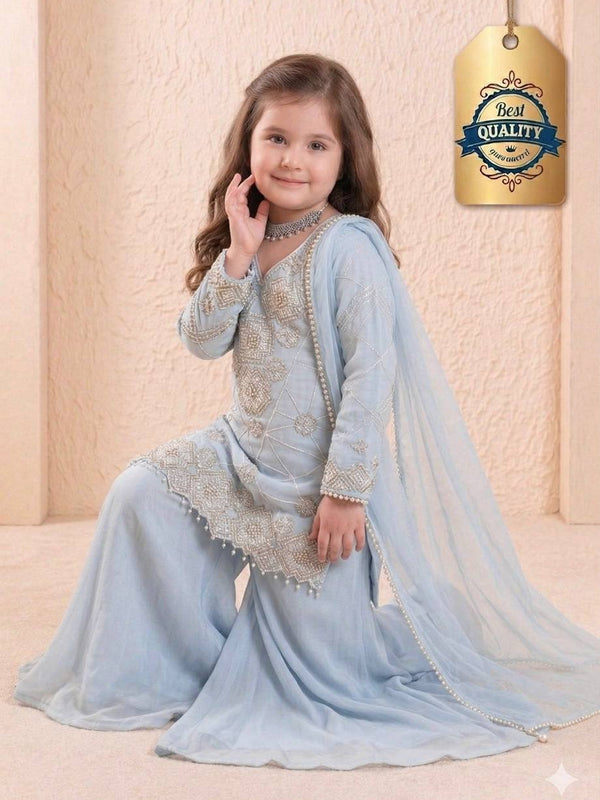 Girls Powder Blue Embroidered Kurta Palazzo Set with Dupatta